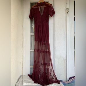 Lush Romper Maxi Choker Dress Burgundy Lace Overlay Deep Cut V Front Sz M